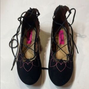 Betsey Johnson Little Girls Black Lace Up Microsuede Ballet Flats Sz 2
